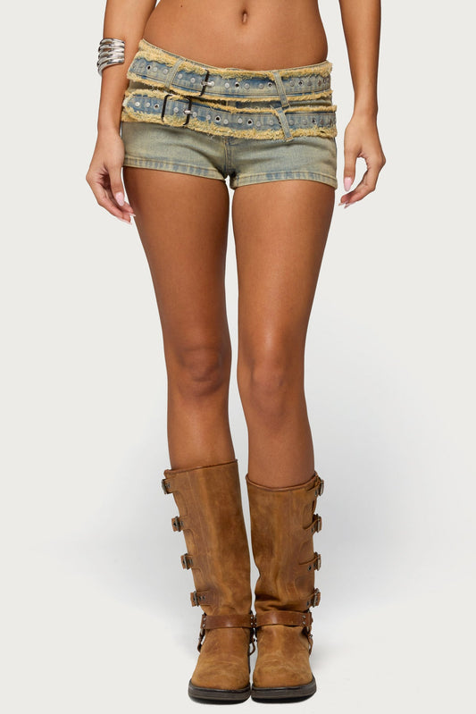 Alyza Distressed Belt Washed Denim Micro Shorts