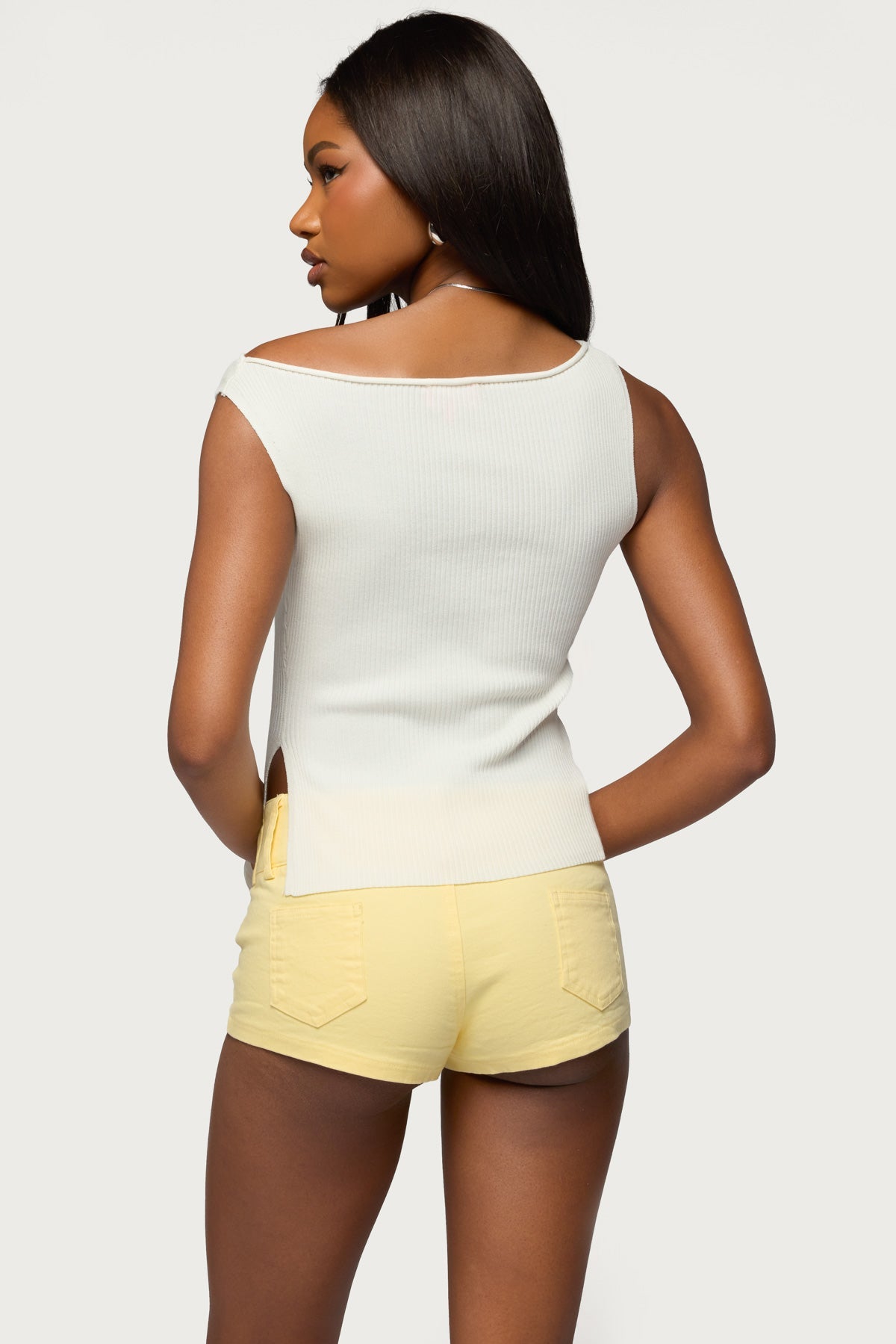 Myrah Asymmetric Off Shoulder Ribbed Knit Top