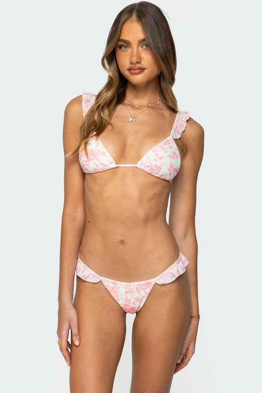 Floral Ruffle Triangle Bikini Top
