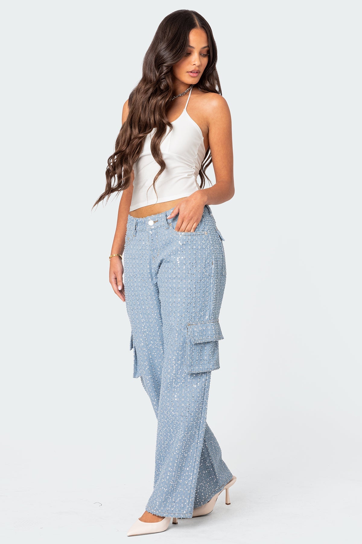 Icing Sequin Low Rise Baggy Cargo Jeans