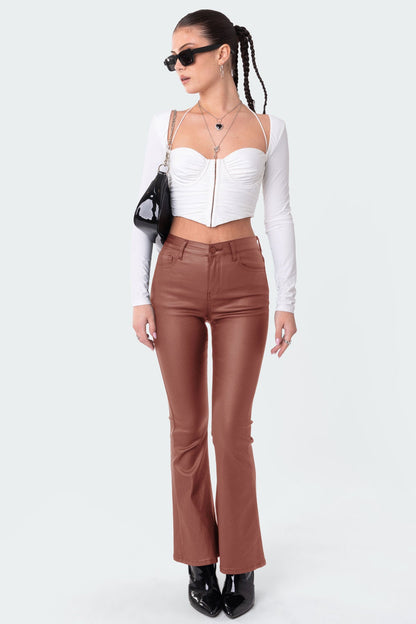 Petite Luna Faux Leather Mid Rise Flared Jeans