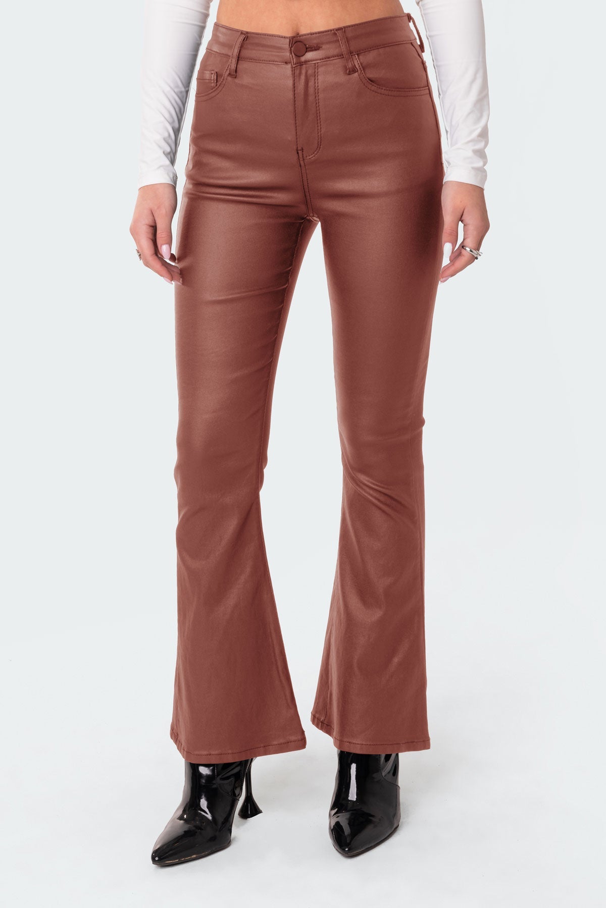 Petite Luna Faux Leather Mid Rise Flared Jeans