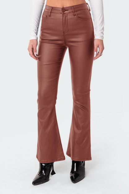 Petite Luna Faux Leather Mid Rise Flared Jeans