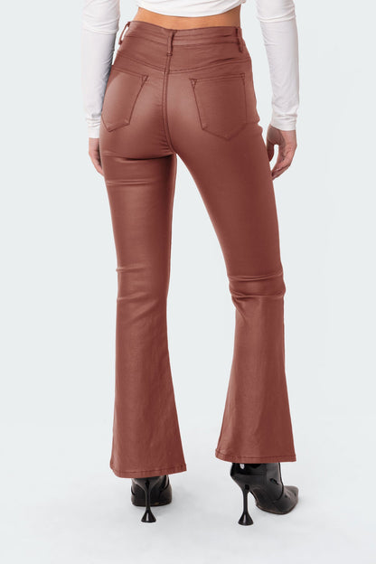 Petite Luna Faux Leather Mid Rise Flared Jeans