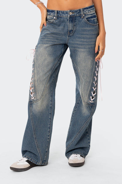 Ribbon Lace Up Low Rise Baggy Jeans