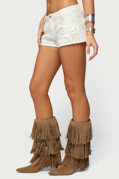 Studded Patchwork Low Rise Denim Shorts