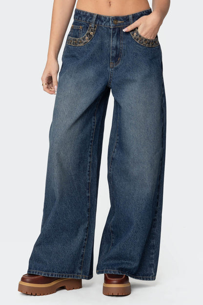 Gwen Leopard Detail Low Rise Baggy Jeans