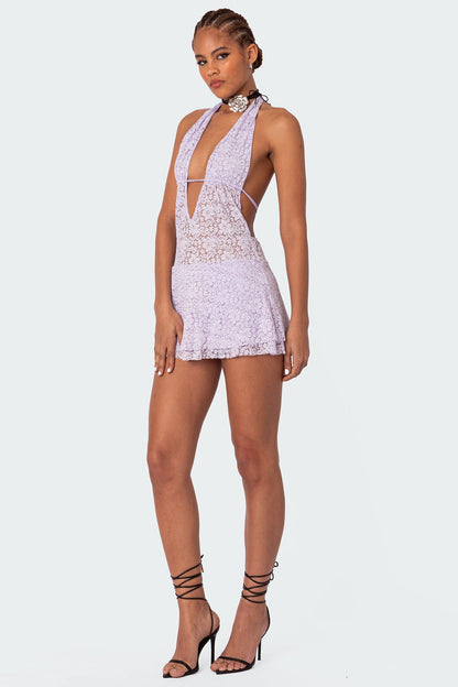 Danny Open Back Sheer Lace Mini Dress
