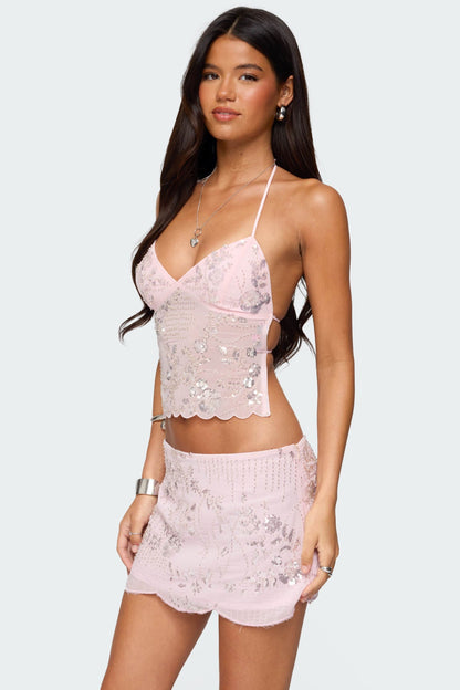Nelley backless beaded sequin chiffon top