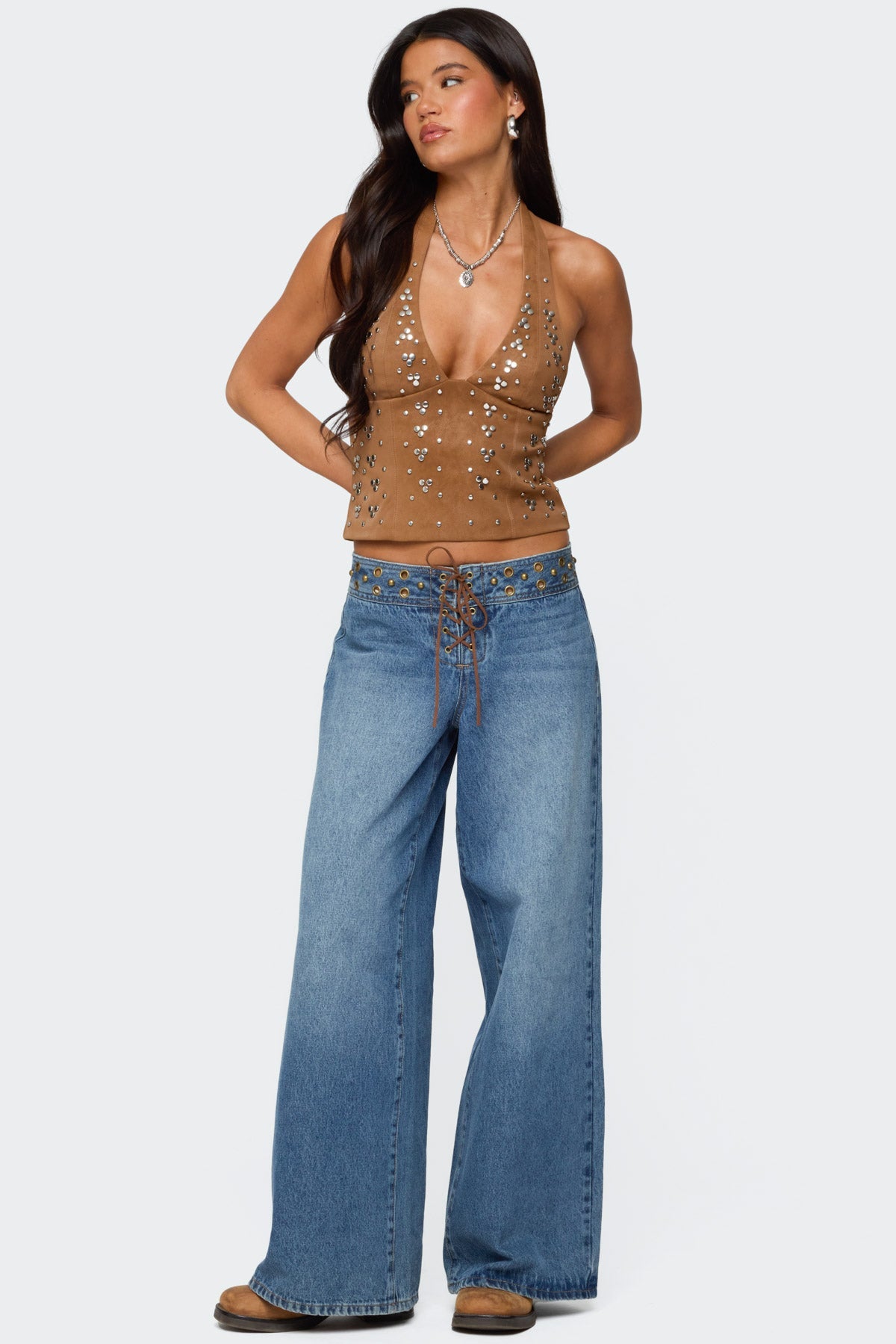 Xaria Studded Faux Suede Halter Top