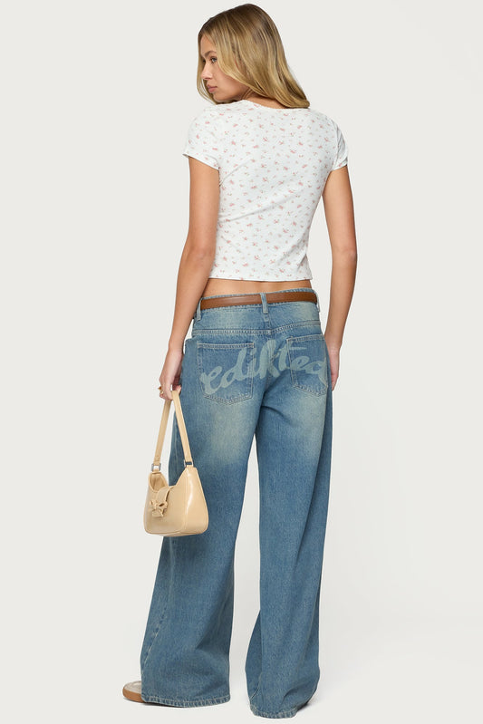 Graphic Vintage Washed Low Rise Baggy Jeans