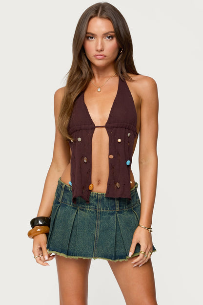 Beaded Distressed Knit Split Front Top