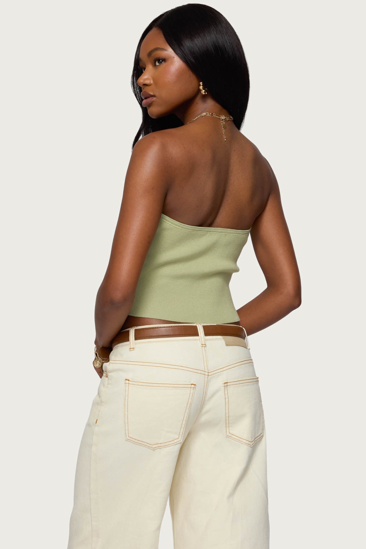 Bead Cut Out Strapless Knit Top