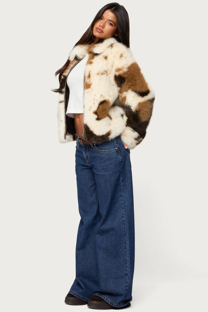 Rayan Cow Print Faux Fur Jacket