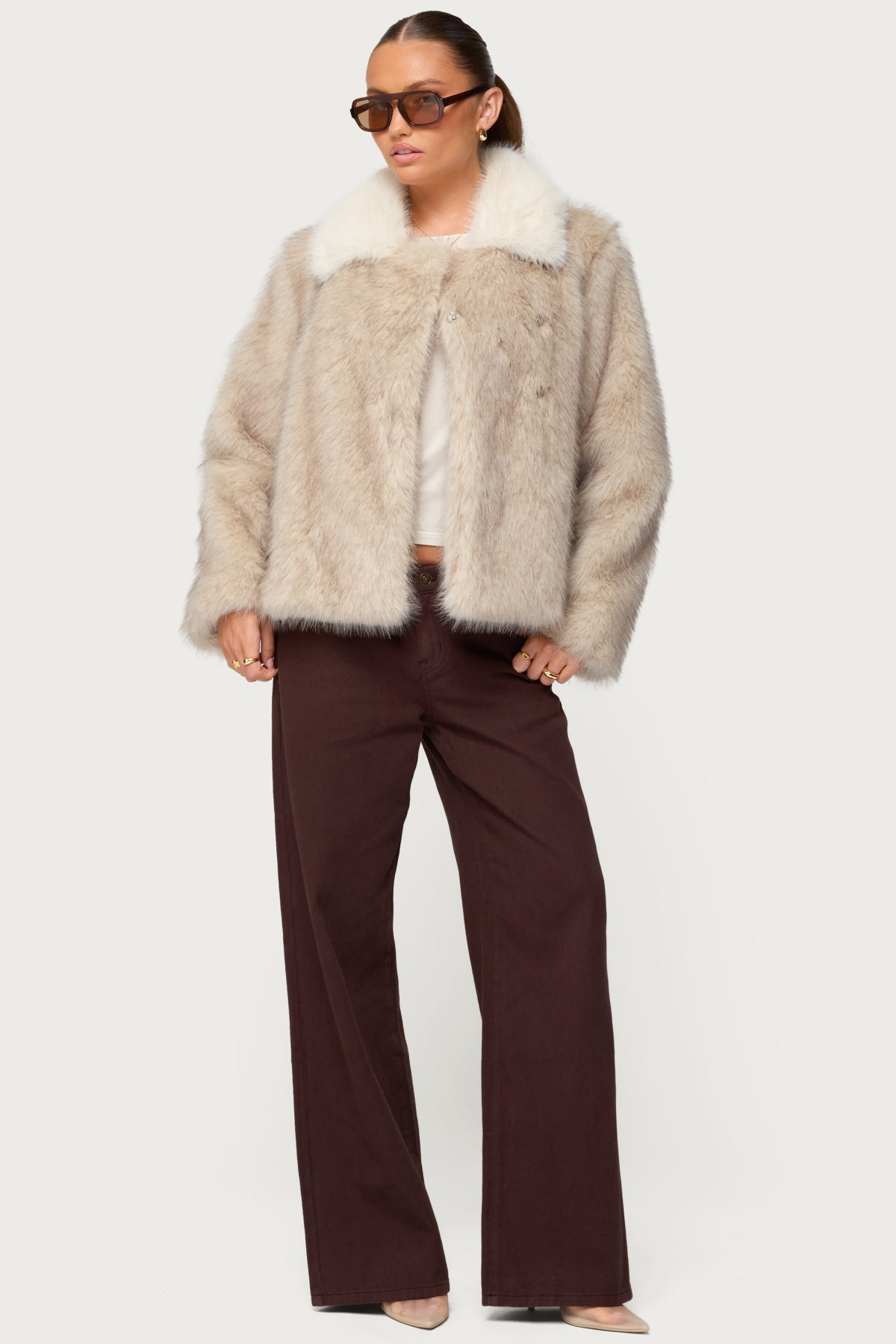 Contrast Collar Faux Fur Jacket