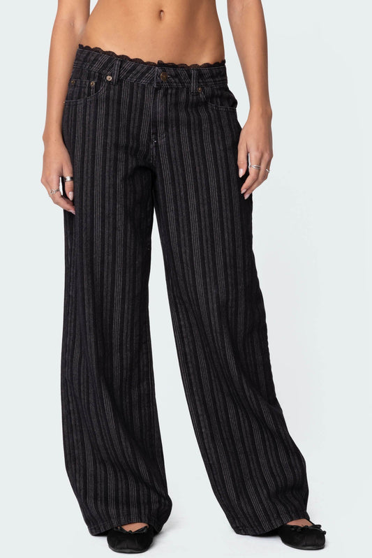 Lace Trim Striped Low Rise Baggy Jeans