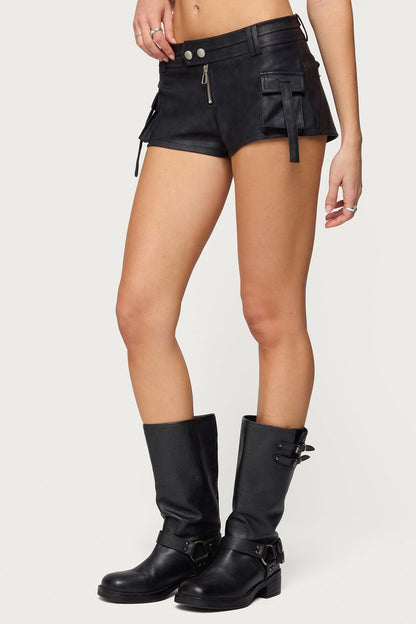 Washed Faux Leather Micro Cargo Shorts