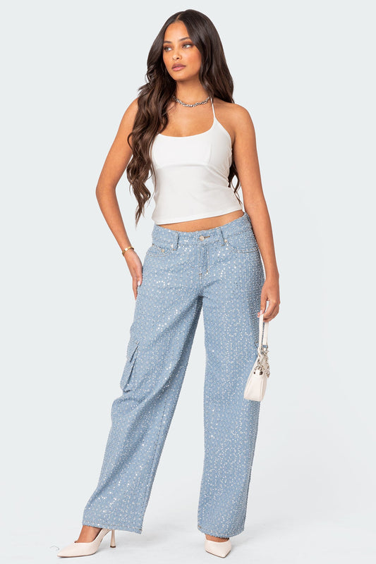 Icing Sequin Low Rise Baggy Cargo Jeans
