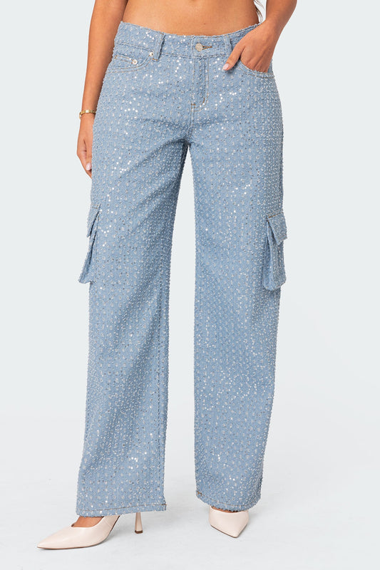 Icing Sequin Low Rise Baggy Cargo Jeans