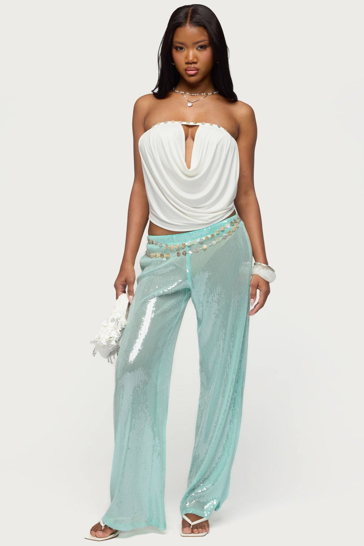 Giana Iridescent Strapless Cowl Neck Top