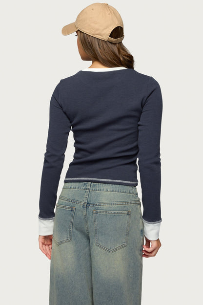Rora Contrast Long Sleeve Waffle Top
