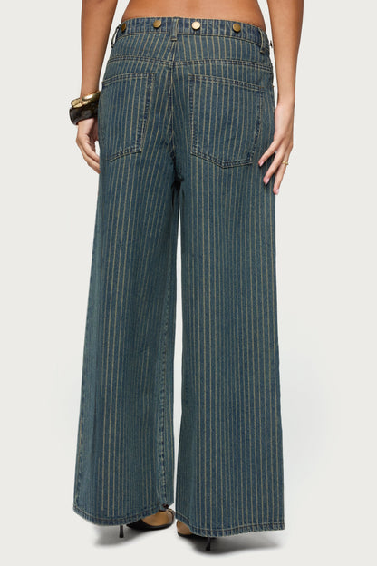 Button Pinstripe Low Rise Baggy Jeans