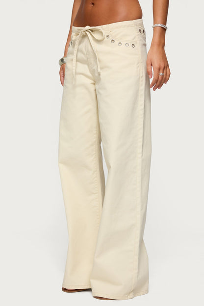 Grommet Tie Waist Low Rise Baggy Jeans