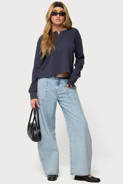 Deni Long Sleeve Henley Waffle Top