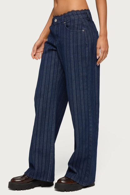 Lace Trim Striped Low Rise Baggy Jeans