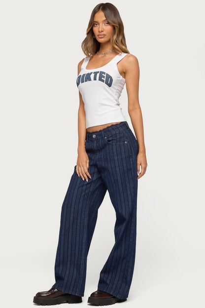 Lace Trim Striped Low Rise Baggy Jeans